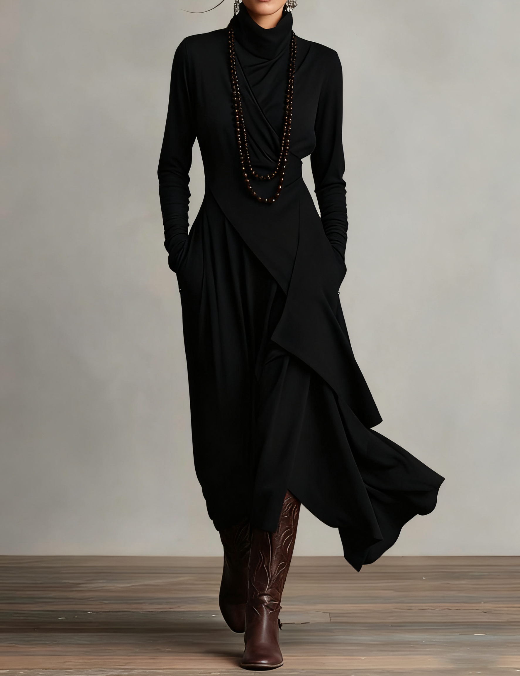 Zorvella - Women’s Draped Turtleneck Maxi Dress