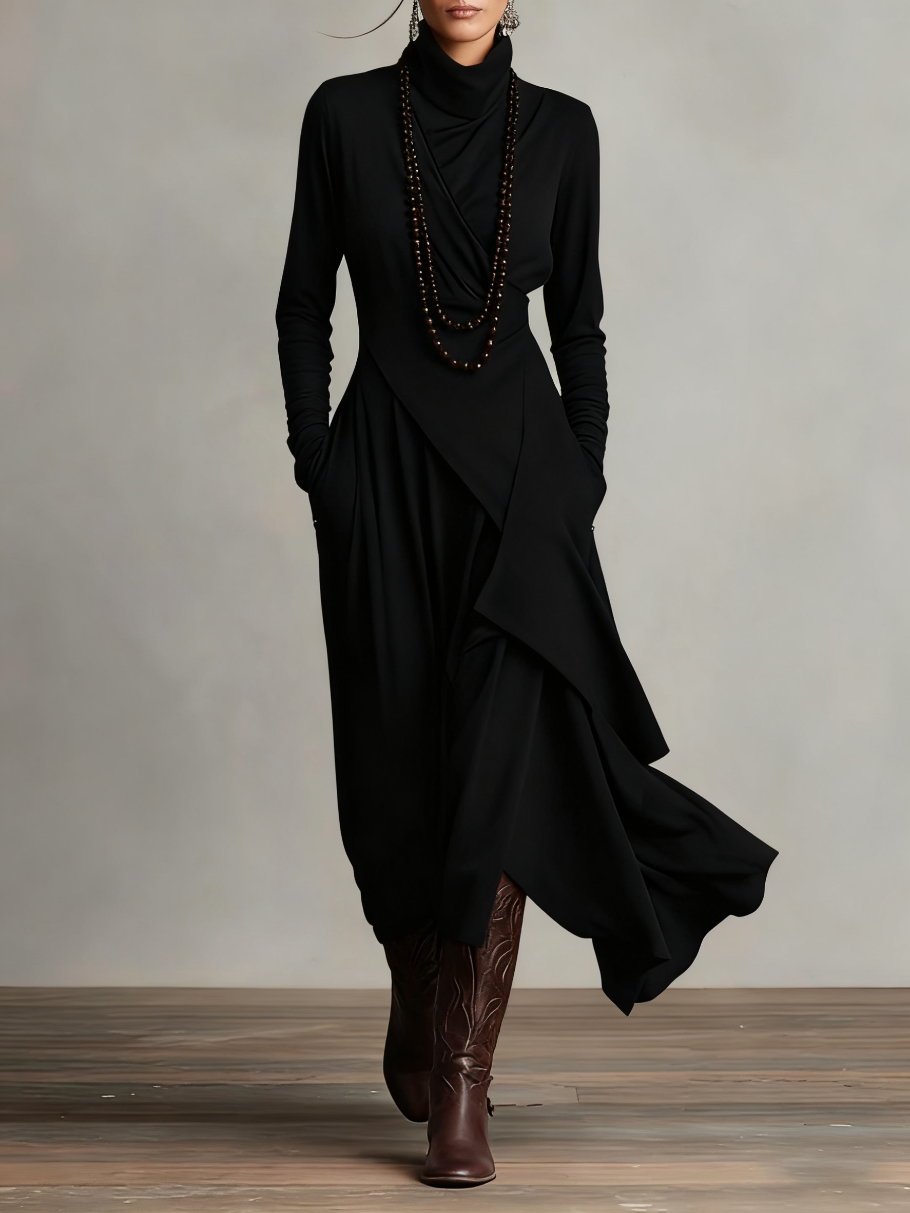 Zorvella - Women’s Draped Turtleneck Maxi Dress