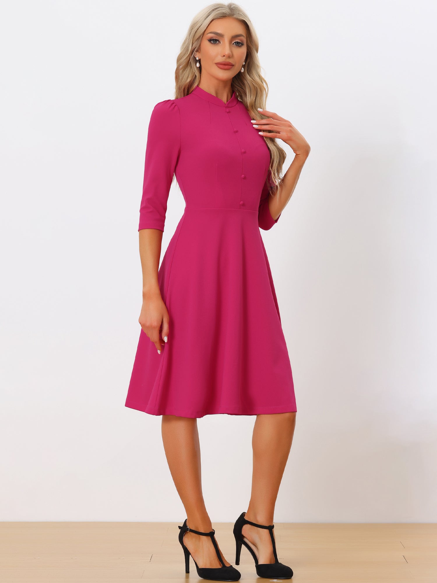 Clarivelle – Women’s Stand Collar Button Detail Dress