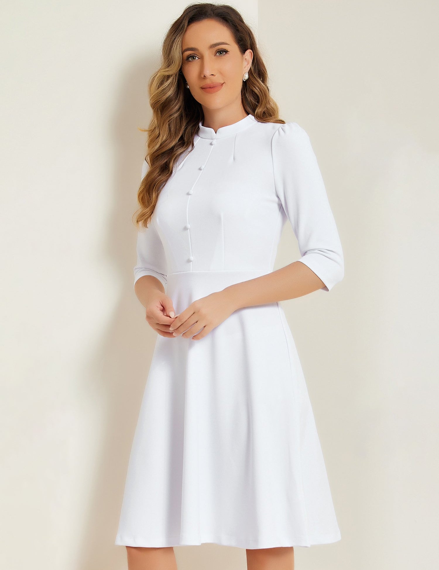 Clarivelle – Women’s Stand Collar Button Detail Dress
