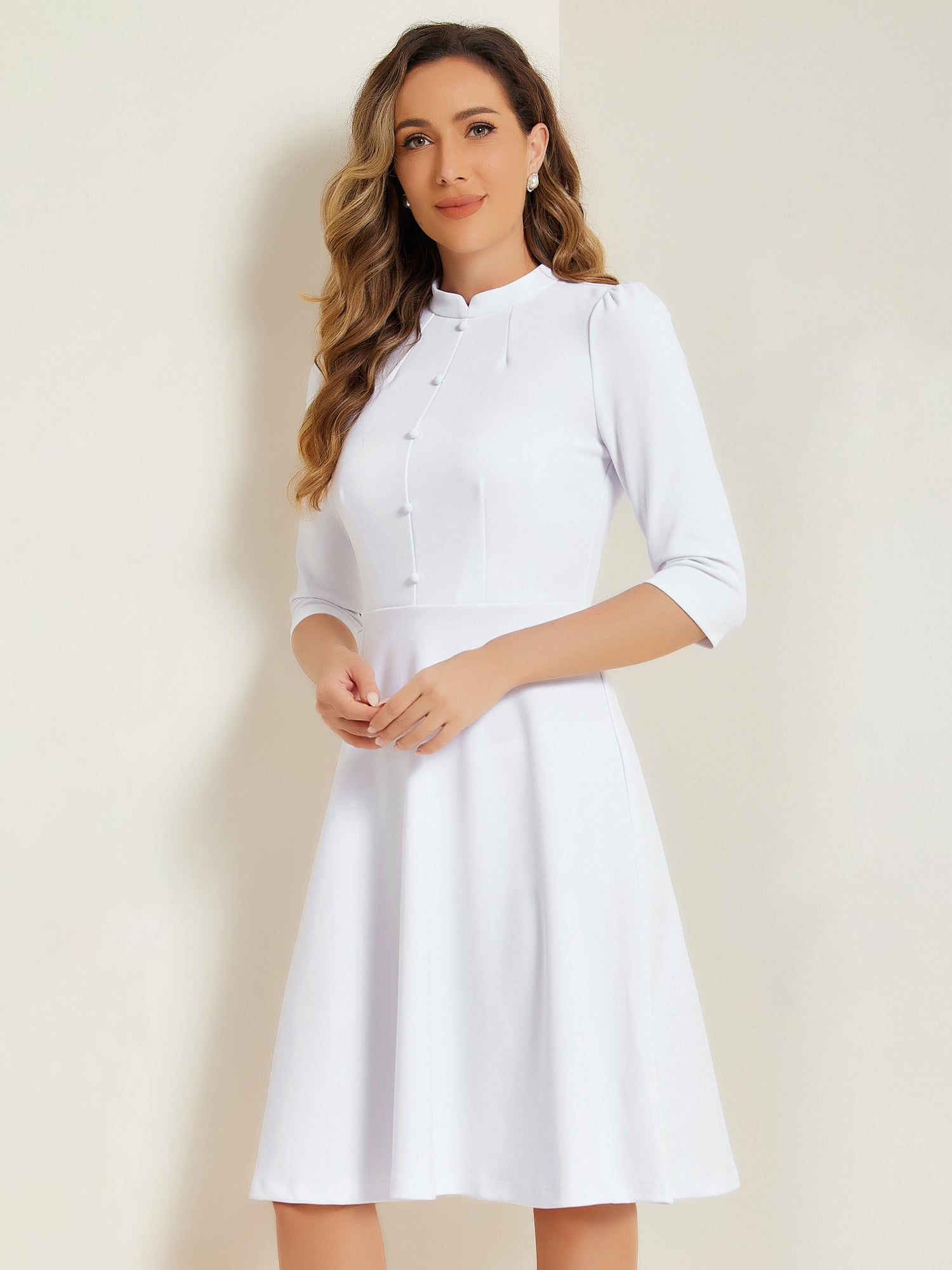 Clarivelle – Women’s Stand Collar Button Detail Dress