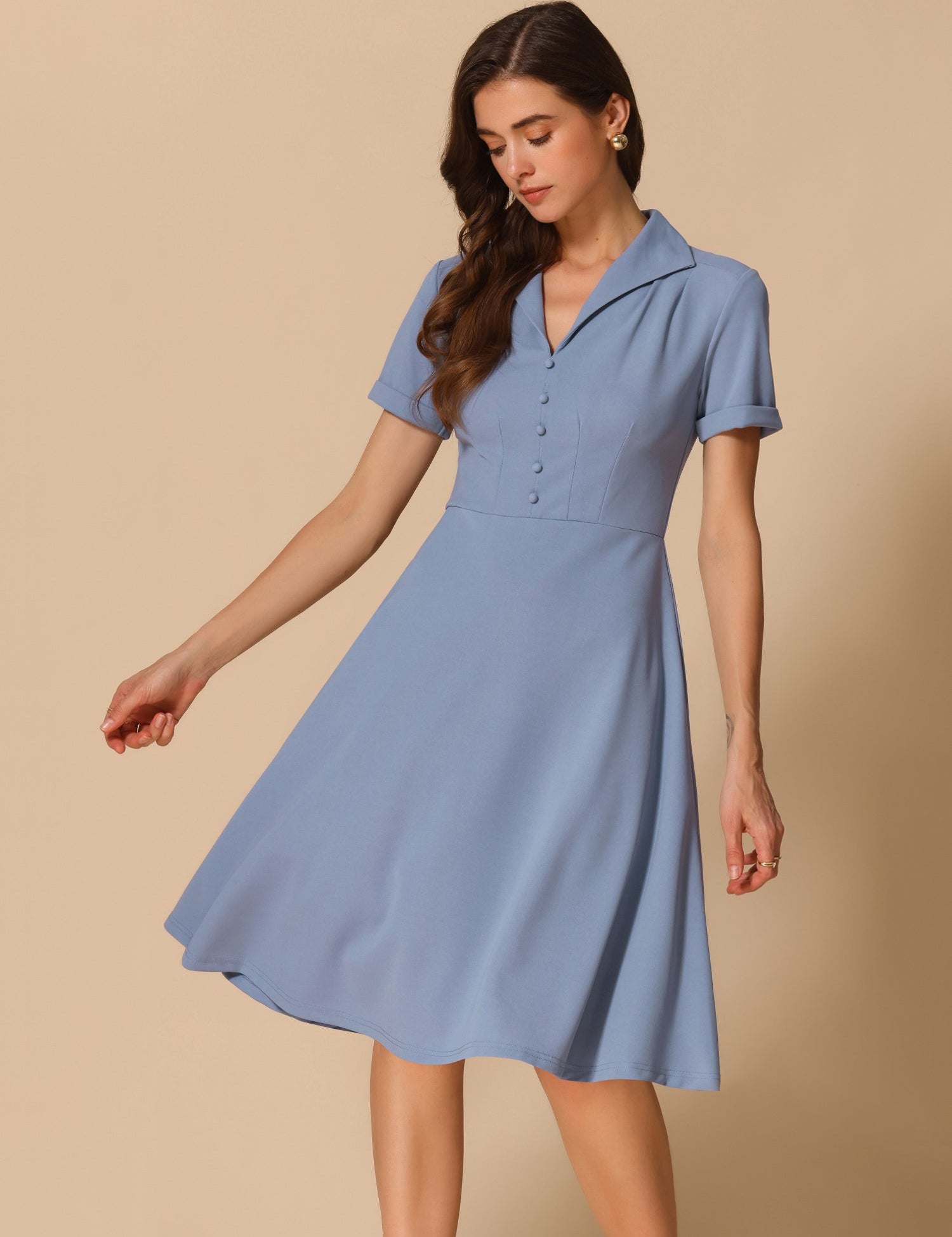 Elvaria – Women’s Vintage Collar Fit & Flare Midi Dress