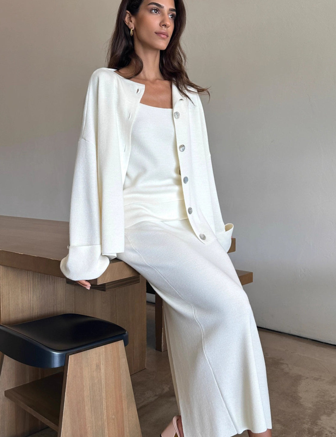 Lunéa – Three-Piece Knit Cardigan, Vest & Skirt Set