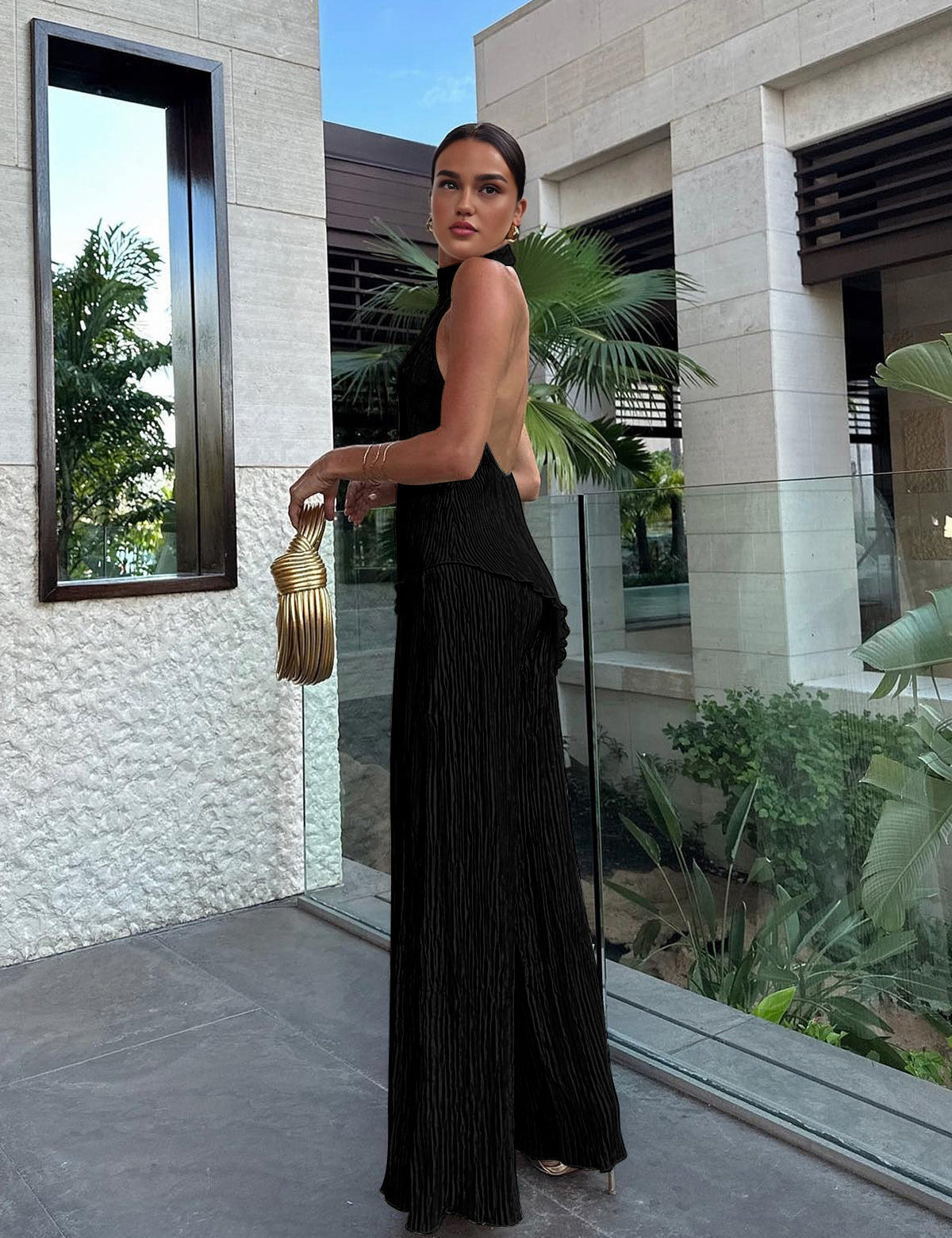Aurevia | Women’s Halter Crop Top & Wide Leg Pants Set