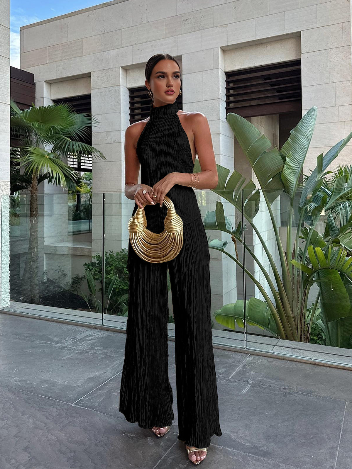 Aurevia | Women’s Halter Crop Top & Wide Leg Pants Set