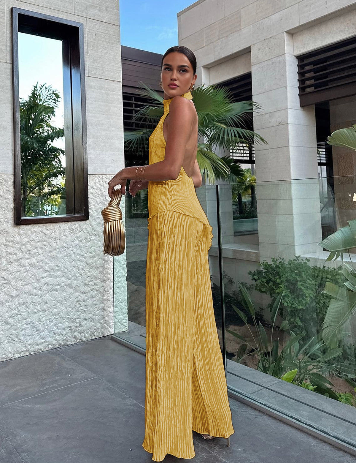 Aurevia | Women’s Halter Crop Top & Wide Leg Pants Set