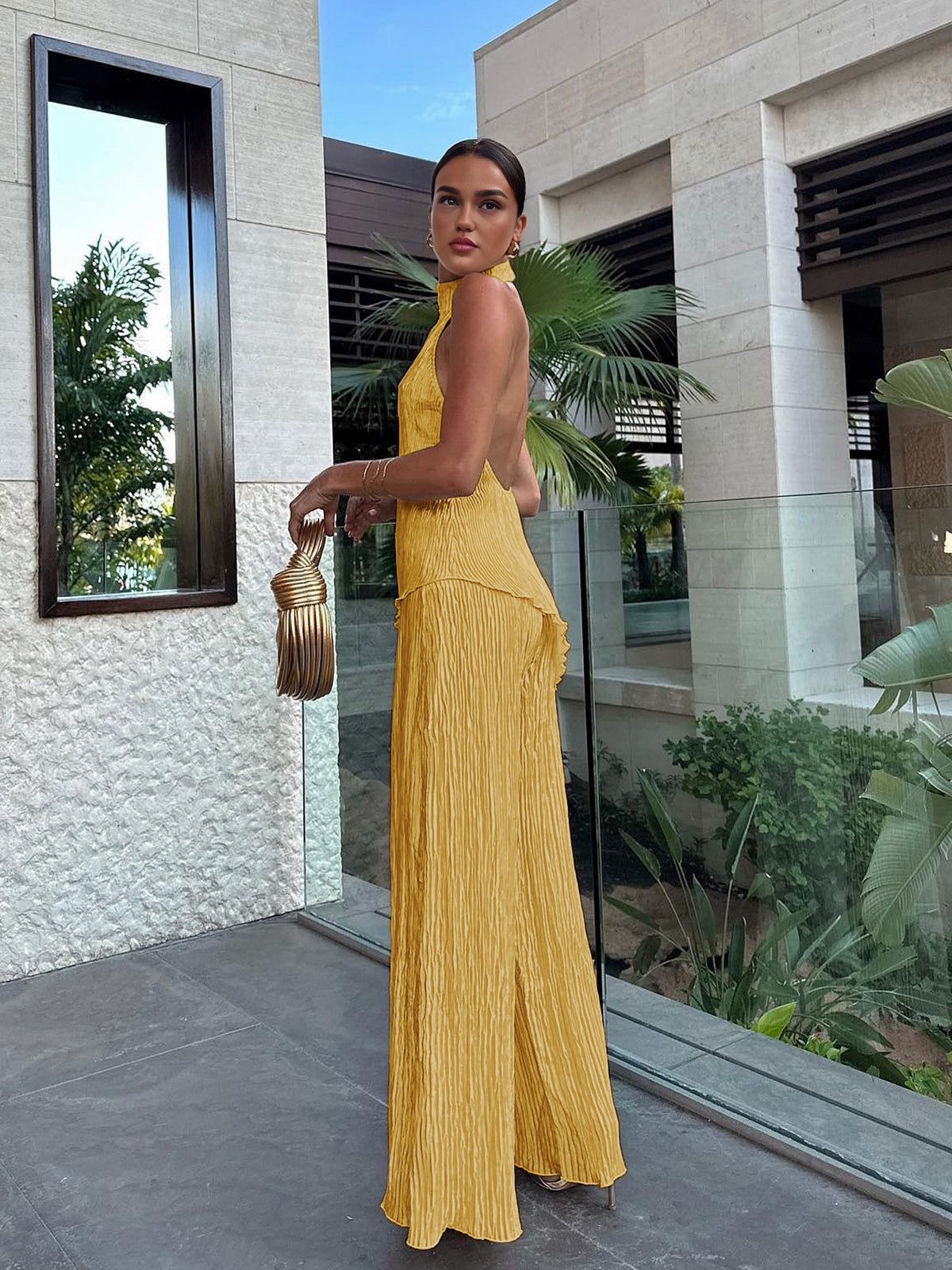 Aurevia | Women’s Halter Crop Top & Wide Leg Pants Set