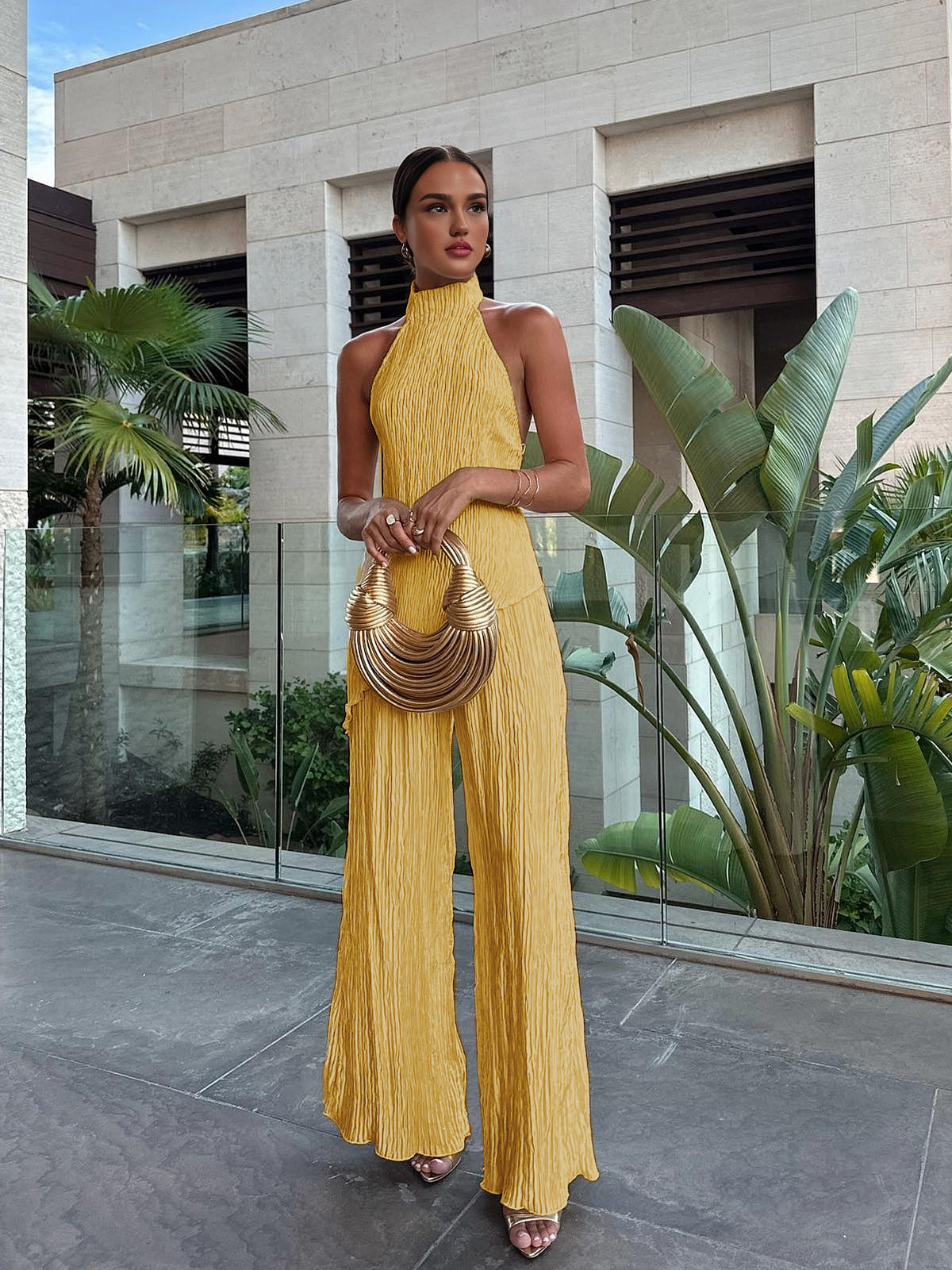 Aurevia | Women’s Halter Crop Top & Wide Leg Pants Set