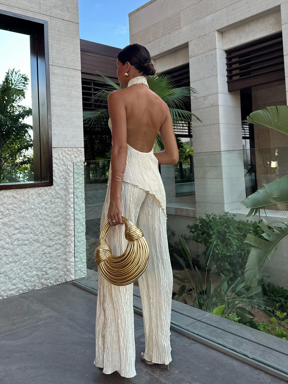 Aurevia | Women’s Halter Crop Top & Wide Leg Pants Set