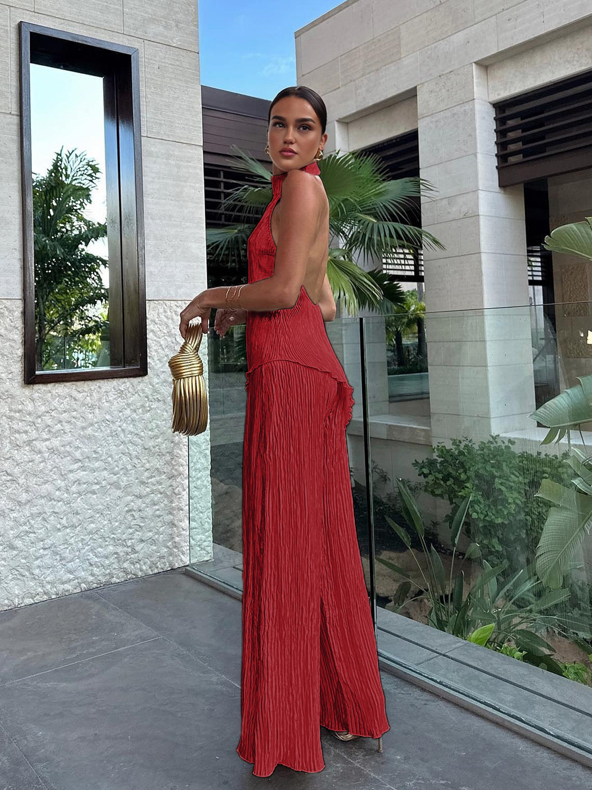 Aurevia | Women’s Halter Crop Top & Wide Leg Pants Set