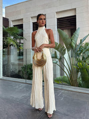 Aurevia | Women’s Halter Crop Top & Wide Leg Pants Set