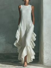 Ivorella - Women’s Linen Ruffle Hem Maxi Dress