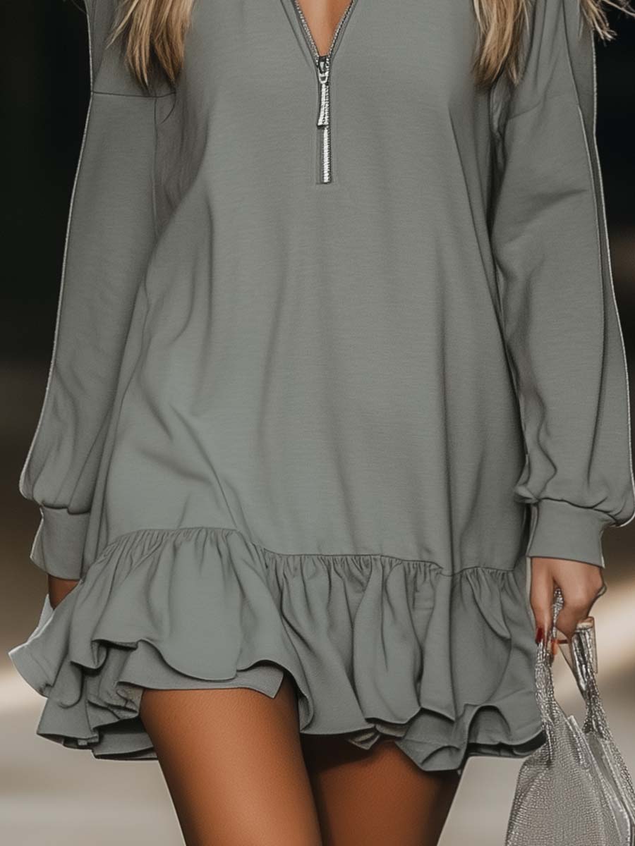 Velora | Zip V-Neck Ruffle Hem Mini Dress