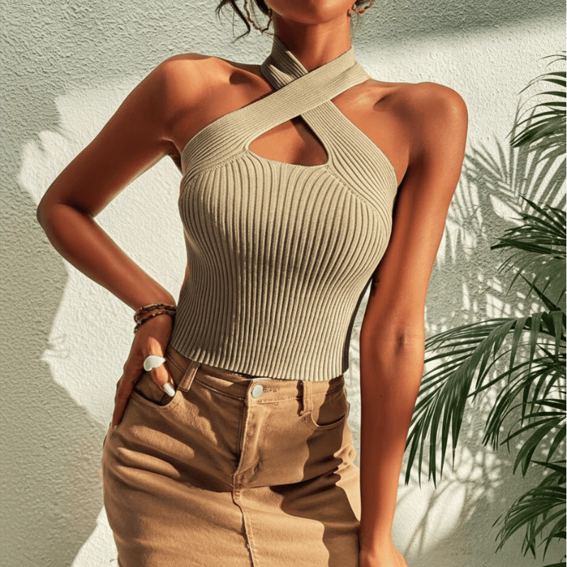 Serella | Criss-Cross Halter Knit Crop Top