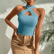 Serella | Criss-Cross Halter Knit Crop Top