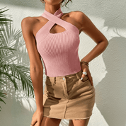 Serella | Criss-Cross Halter Knit Crop Top