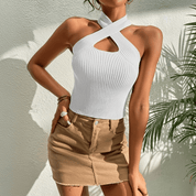 Serella | Criss-Cross Halter Knit Crop Top