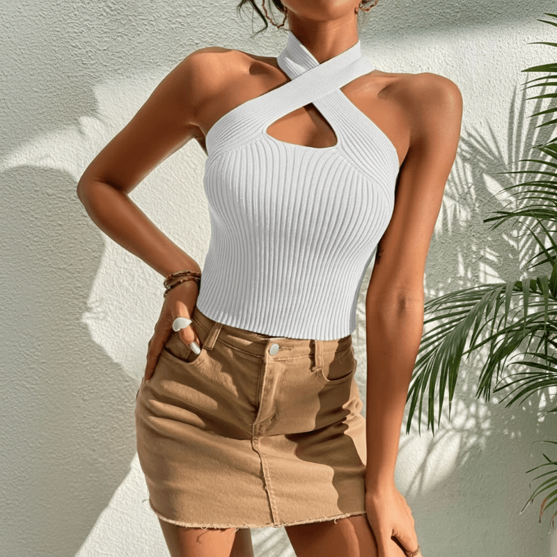 Serella | Criss-Cross Halter Knit Crop Top