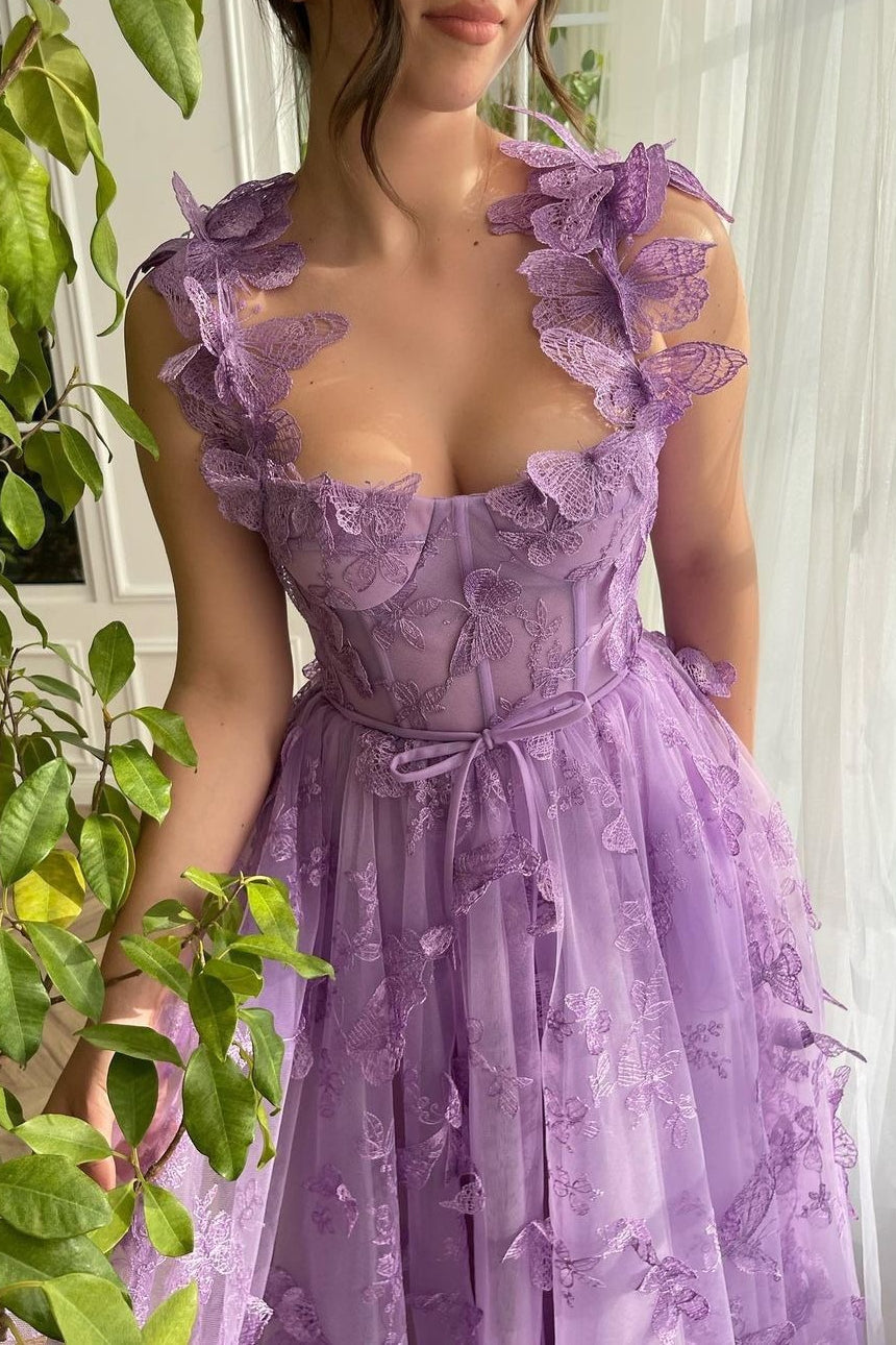 Elaris – Butterfly Mesh Slit Maxi Dress