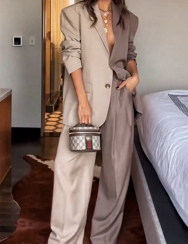 Girl Boss Avant-garde Contrast Colors Lapel Boyfriend Blazer and Pocketed Wide Leg Pants Set