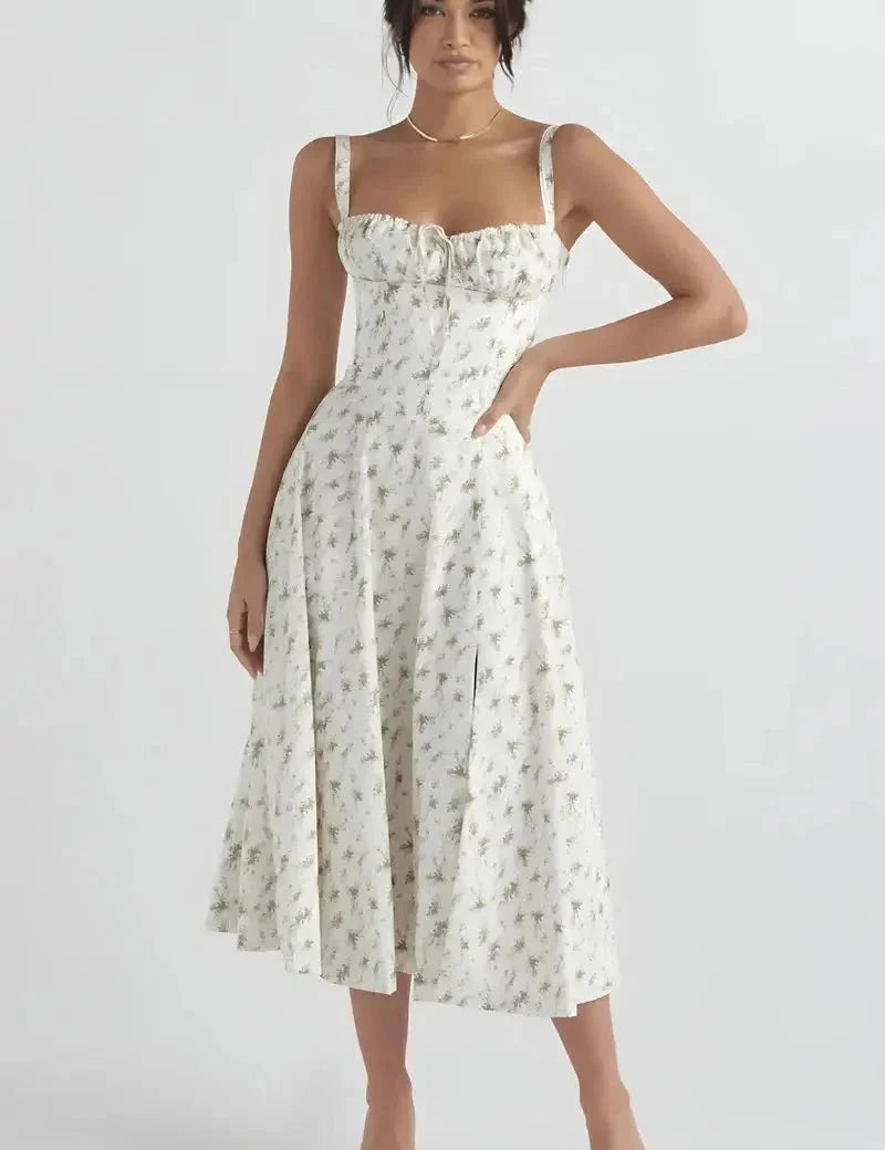 Linsay | Women’s Corset Bodice Midi Dress with Tie Back