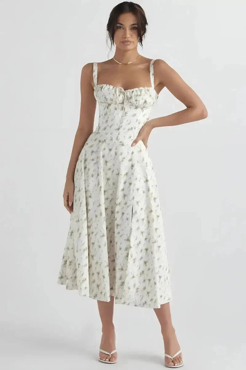 Linsay | Women’s Corset Bodice Midi Dress with Tie Back