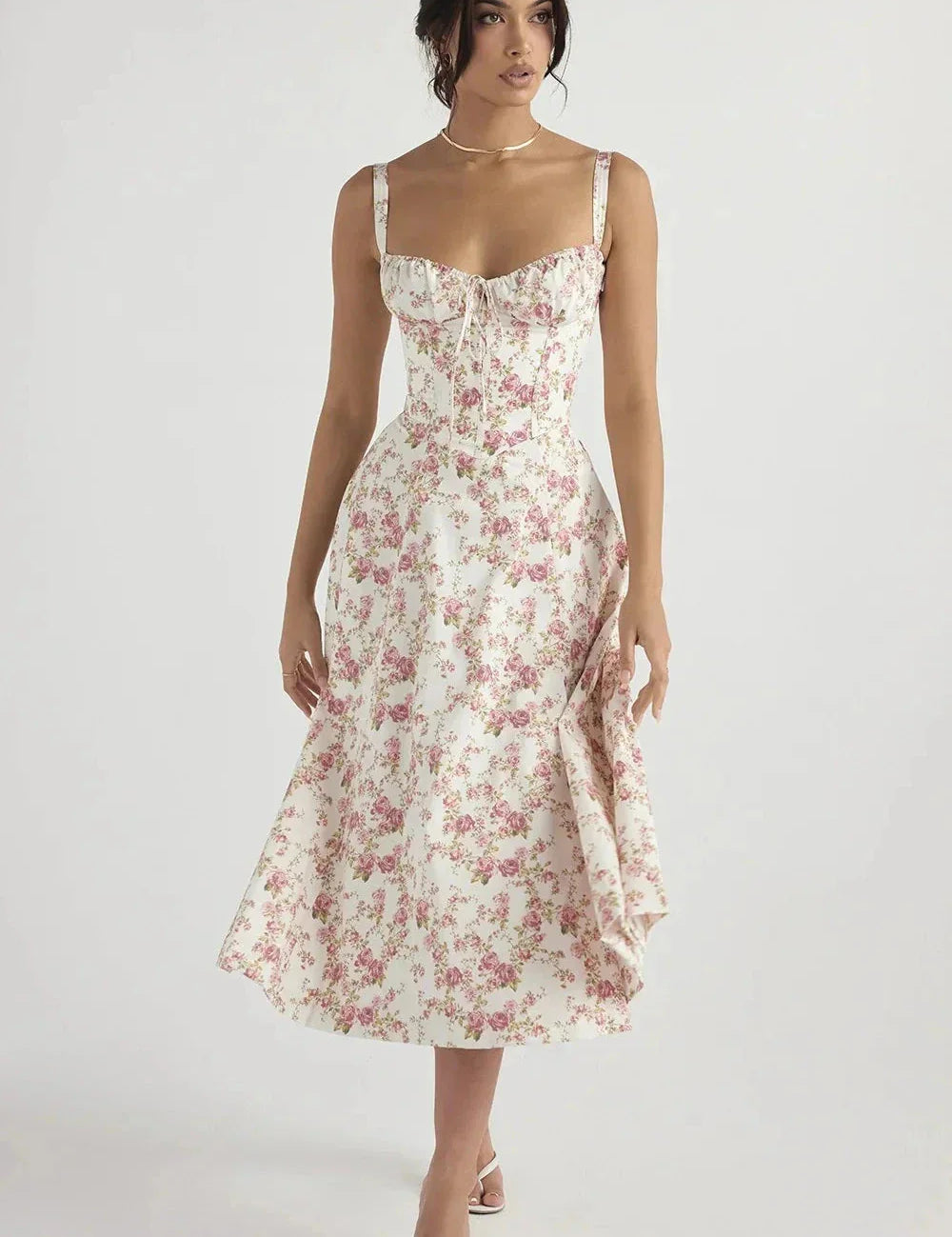 Linsay | Women’s Corset Bodice Midi Dress with Tie Back
