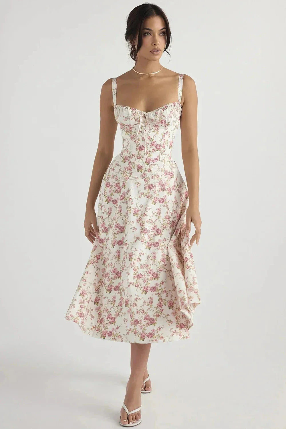 Linsay | Women’s Corset Bodice Midi Dress with Tie Back