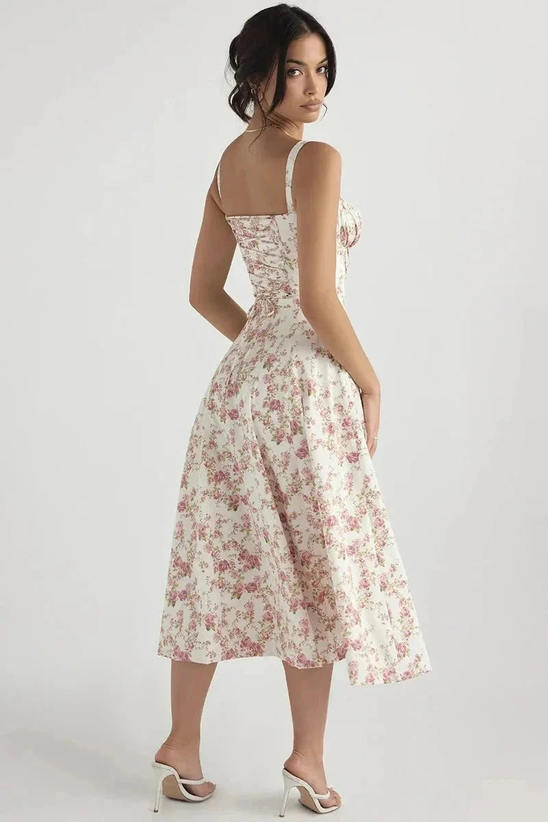 Linsay | Women’s Corset Bodice Midi Dress with Tie Back