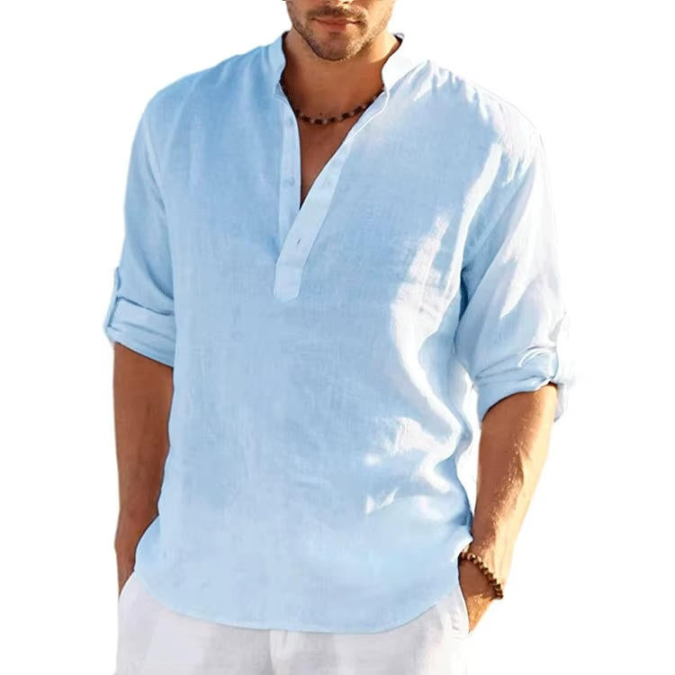 Lioren | Men’s Linen Henley Shirt with Rolled Sleeves