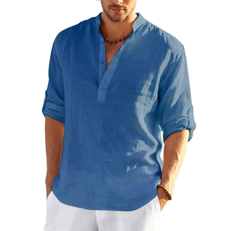 Lioren | Men’s Linen Henley Shirt with Rolled Sleeves