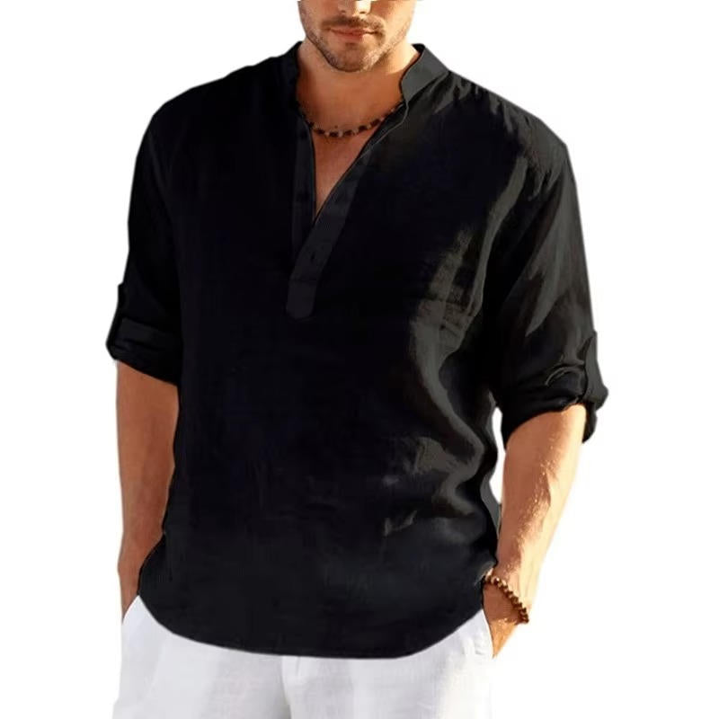 Lioren | Men’s Linen Henley Shirt with Rolled Sleeves