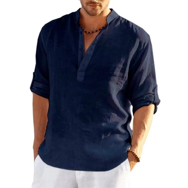 Lioren | Men’s Linen Henley Shirt with Rolled Sleeves