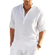 Lioren | Men’s Linen Henley Shirt with Rolled Sleeves