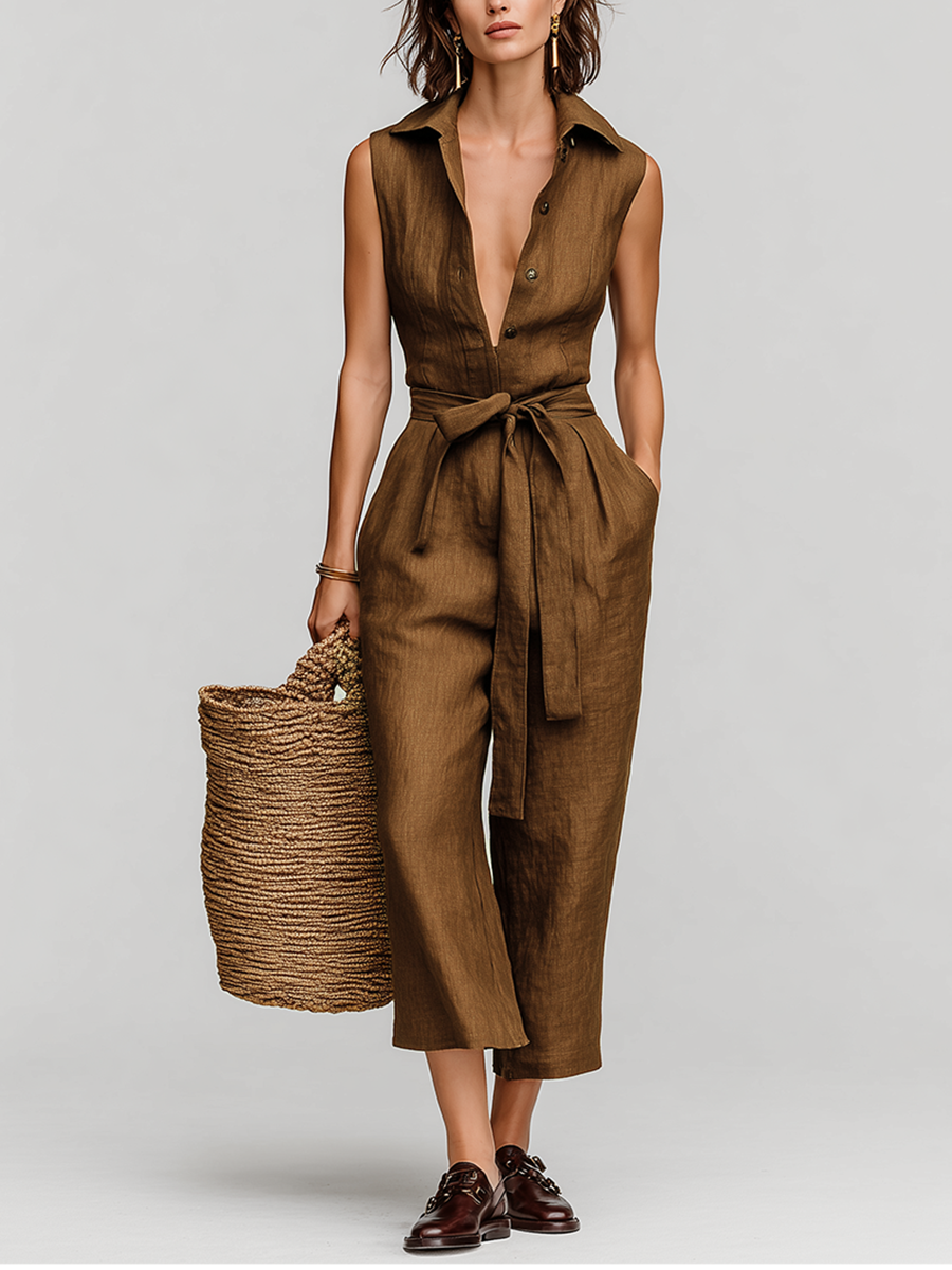 Torvella - Women’s Linen Tie Waist Jumpsuit