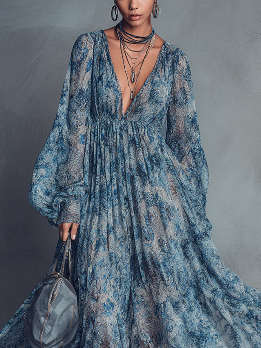 Floravira - Women’s Boho Floral Chiffon Maxi Dress