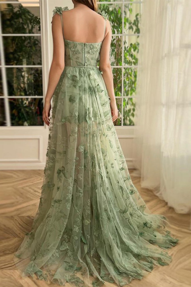 Elaris – Butterfly Mesh Slit Maxi Dress