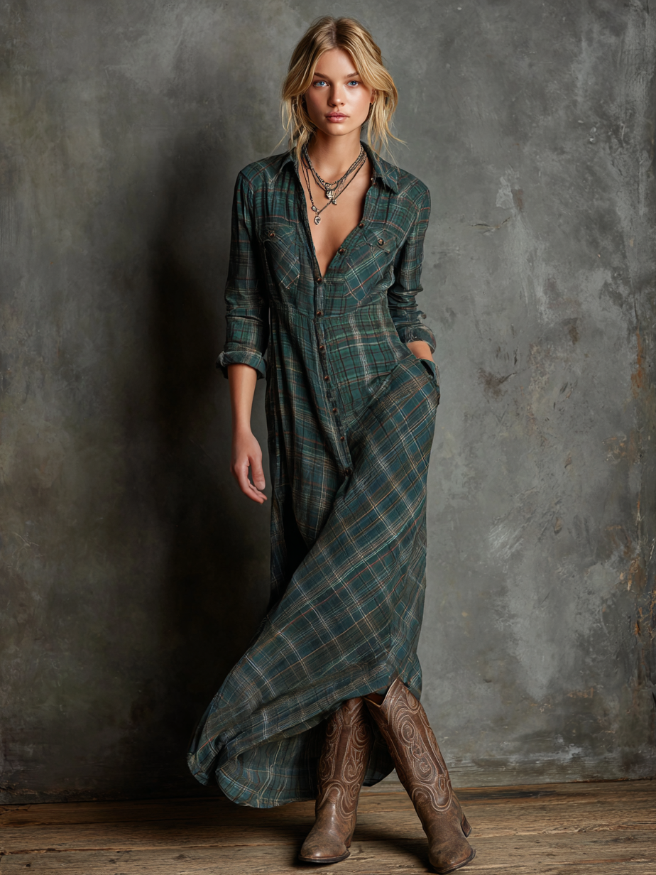 Ashford | Women’s Plaid Shirt Maxi Dress