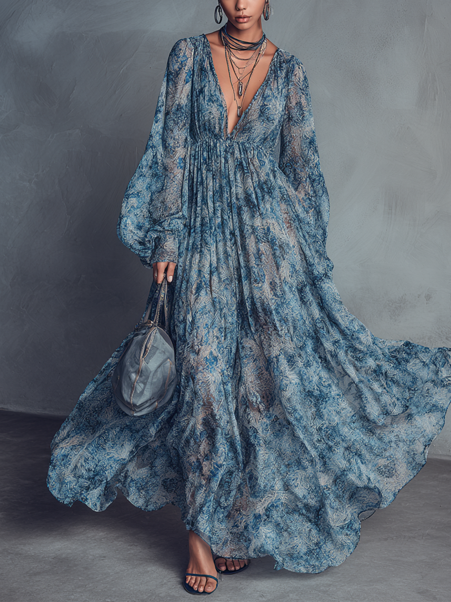 Floravira - Women’s Boho Floral Chiffon Maxi Dress