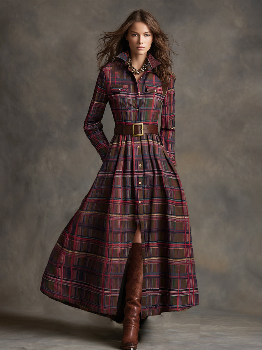 Bravira | Plaid Belted Lapel Maxi Dress