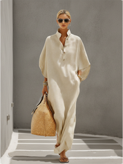 Olivara - Women’s Linen Mandarin Collar Maxi Dress