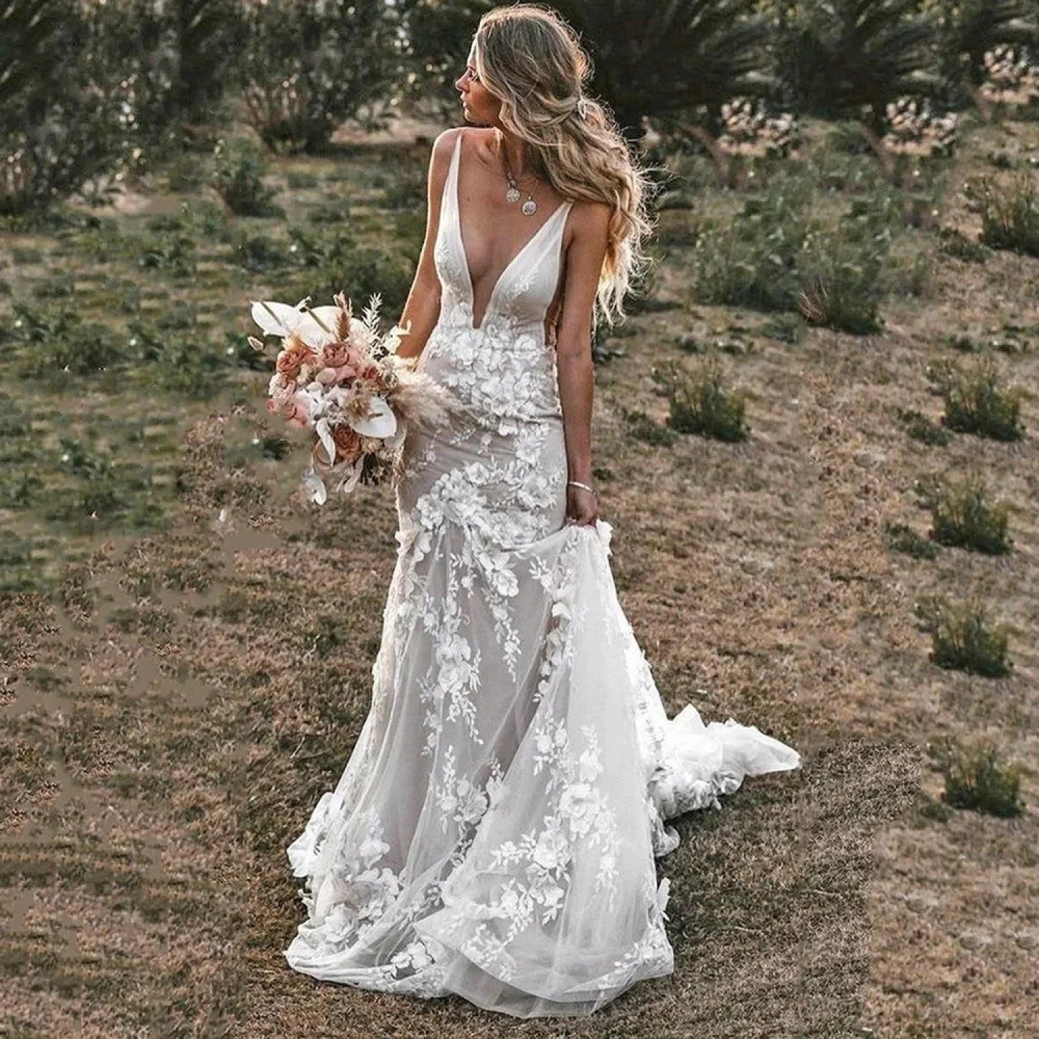 Aurevina – Women’s Deep V-Neck Custom Wedding Dress
