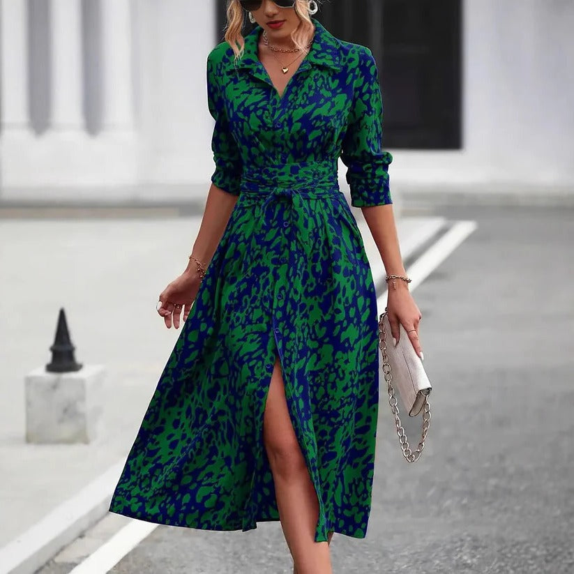 Marivelle | Women’s Button Down A-Line Midi Dress with Waist Tie