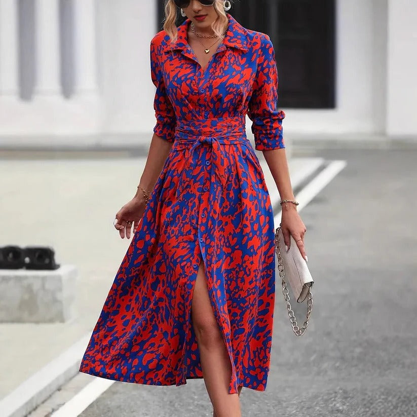 Marivelle | Women’s Button Down A-Line Midi Dress with Waist Tie