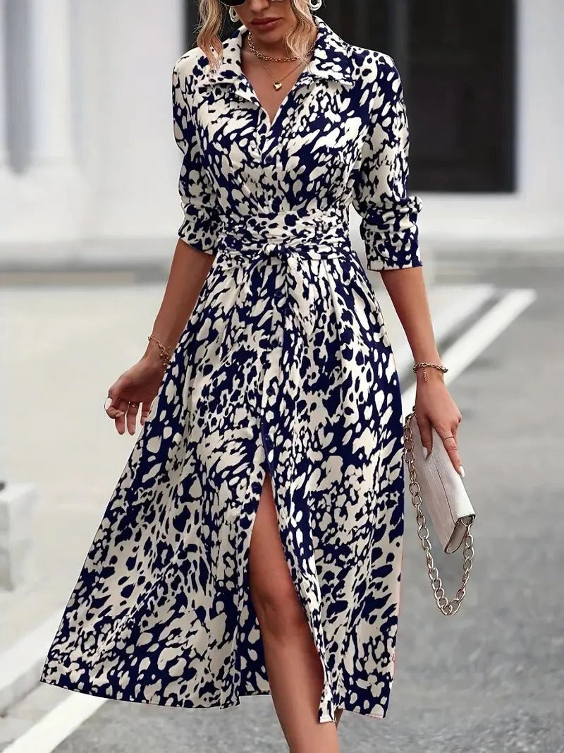 Marivelle | Women’s Button Down A-Line Midi Dress with Waist Tie