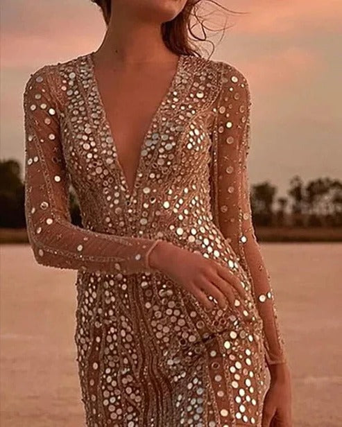Velmira | Sequin Evening Dress with Sheer Sleeves