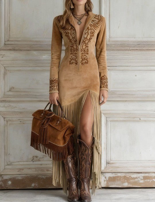 Zeravia - Women’s Embroidered Suede Tassel Jacket