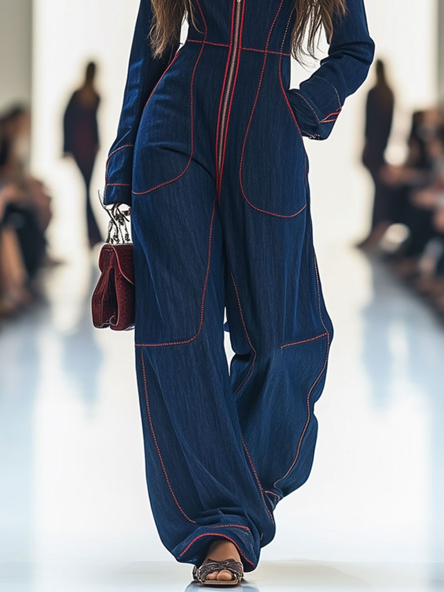 Rosvera | Vintage Red Denim Jumpsuit