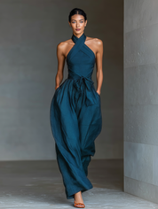 Navira - Women’s Linen Cross Halter Wide Leg Jumpsuit