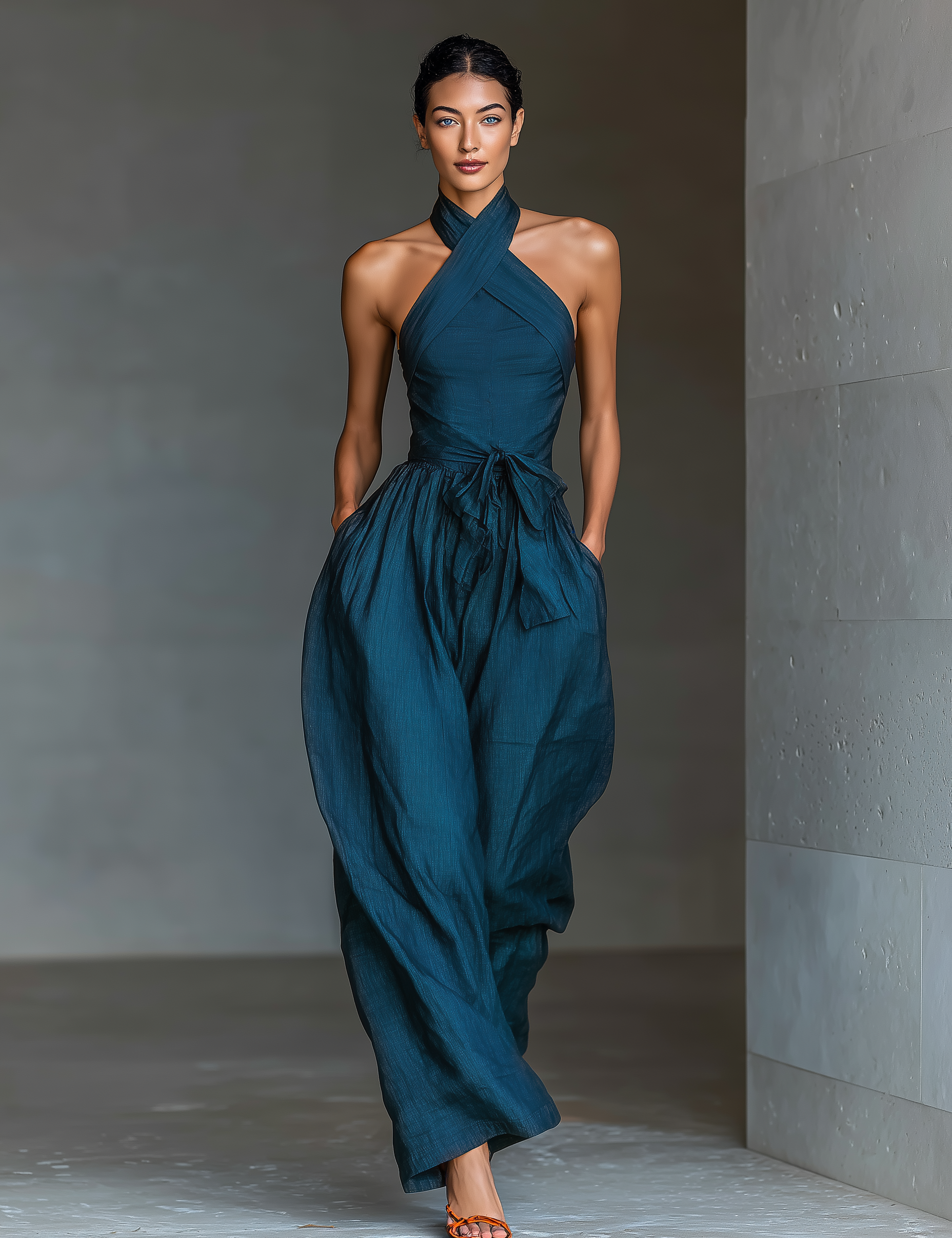 Navira - Women’s Linen Cross Halter Wide Leg Jumpsuit
